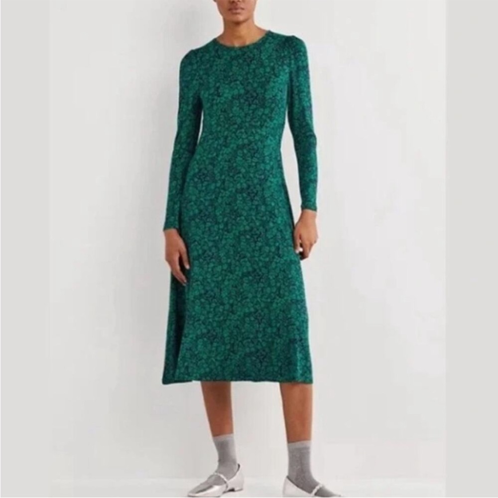 Boden Crew Neck Jersey Midi Dress in Forest, Petal Bloom • Size 10